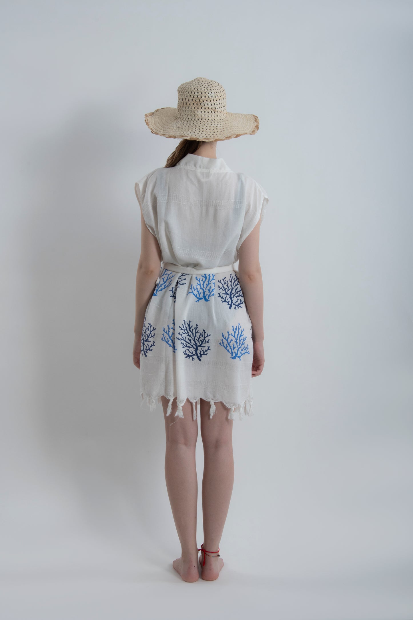 Kırmızı Mavi Mercan Desenli Viskon Kuşaklı Kimono Yelek