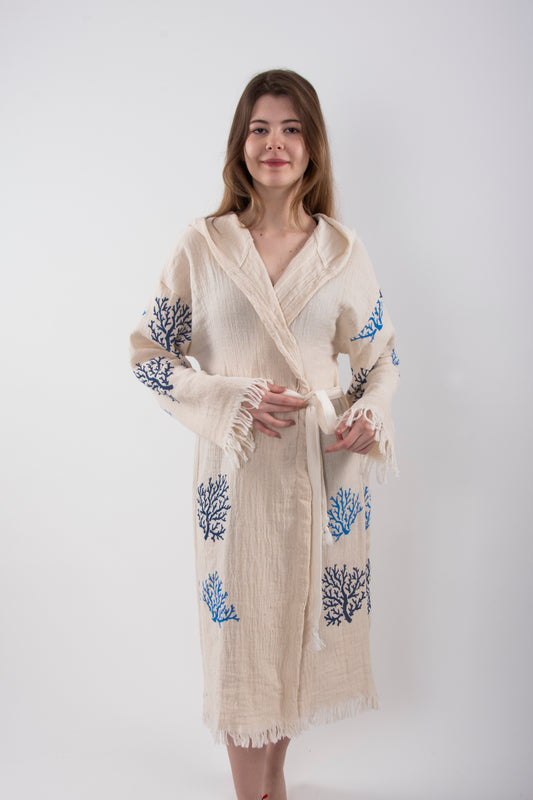 Müslin Mavi Mercan Desenli Kapüşonlu Bornoz - Reina Textile