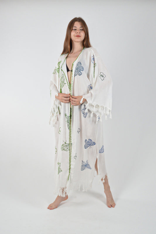 Beyaz Retro Renkli Kelebek Desenli Kimono Kaftan