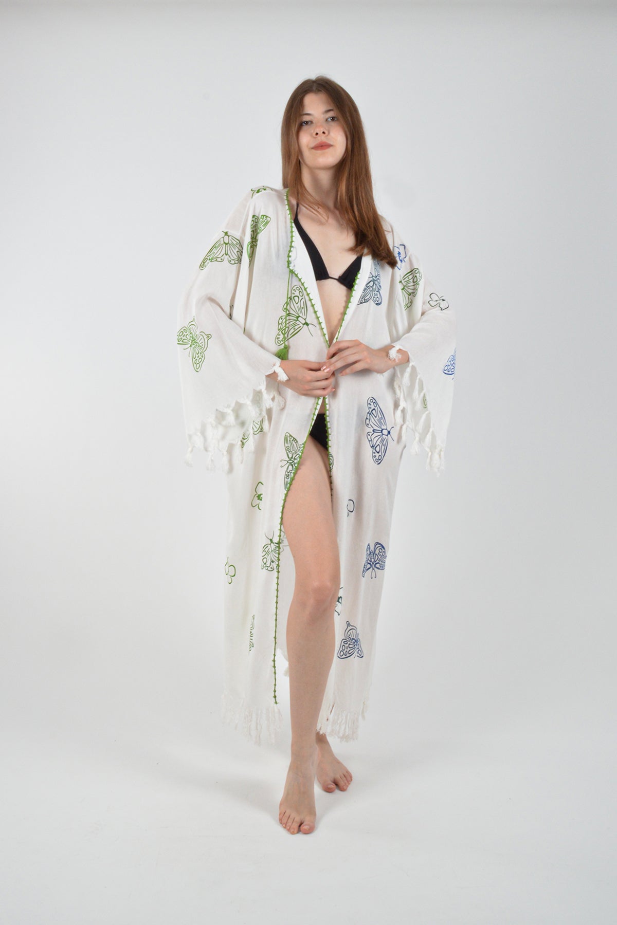 Beyaz Retro Renkli Kelebek Desenli Kimono Kaftan