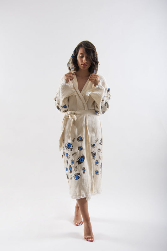 Müslin Karışık Göz Desenli Kapüşonlu Bornoz - Reina Textile