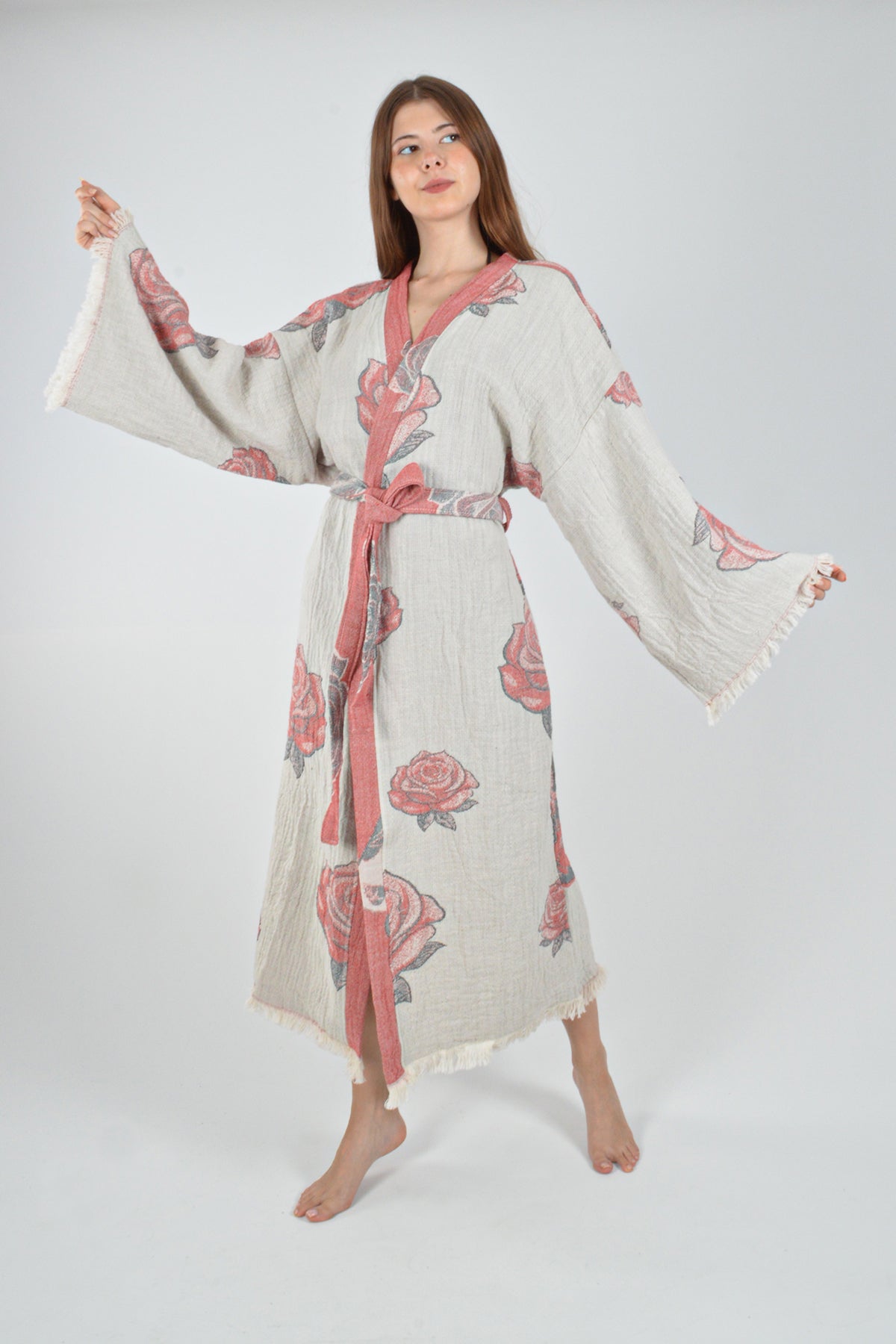Müslin Frida Kahlo Jakardan Desenli Bohem Kimono Kaftan