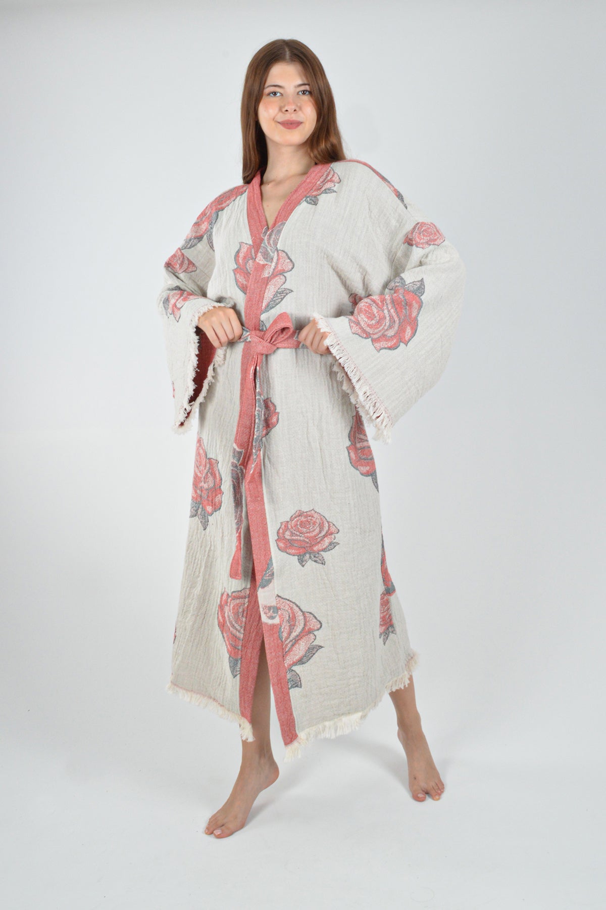 Müslin Frida Kahlo Jakardan Desenli Bohem Kimono Kaftan