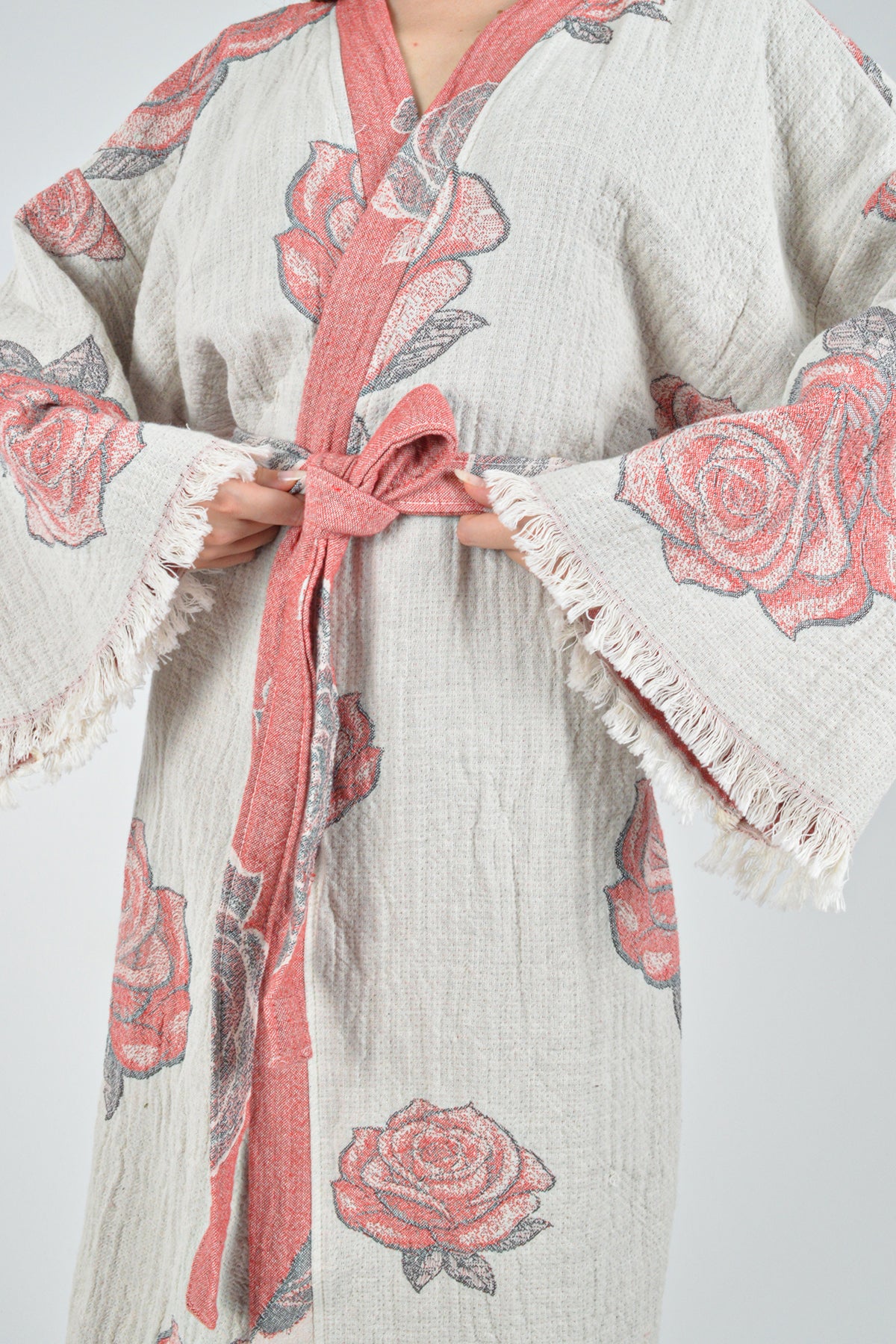 Müslin Frida Kahlo Jakardan Desenli Bohem Kimono Kaftan