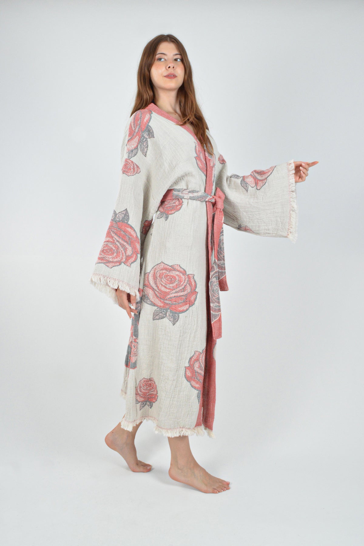 Müslin Frida Kahlo Jakardan Desenli Bohem Kimono Kaftan