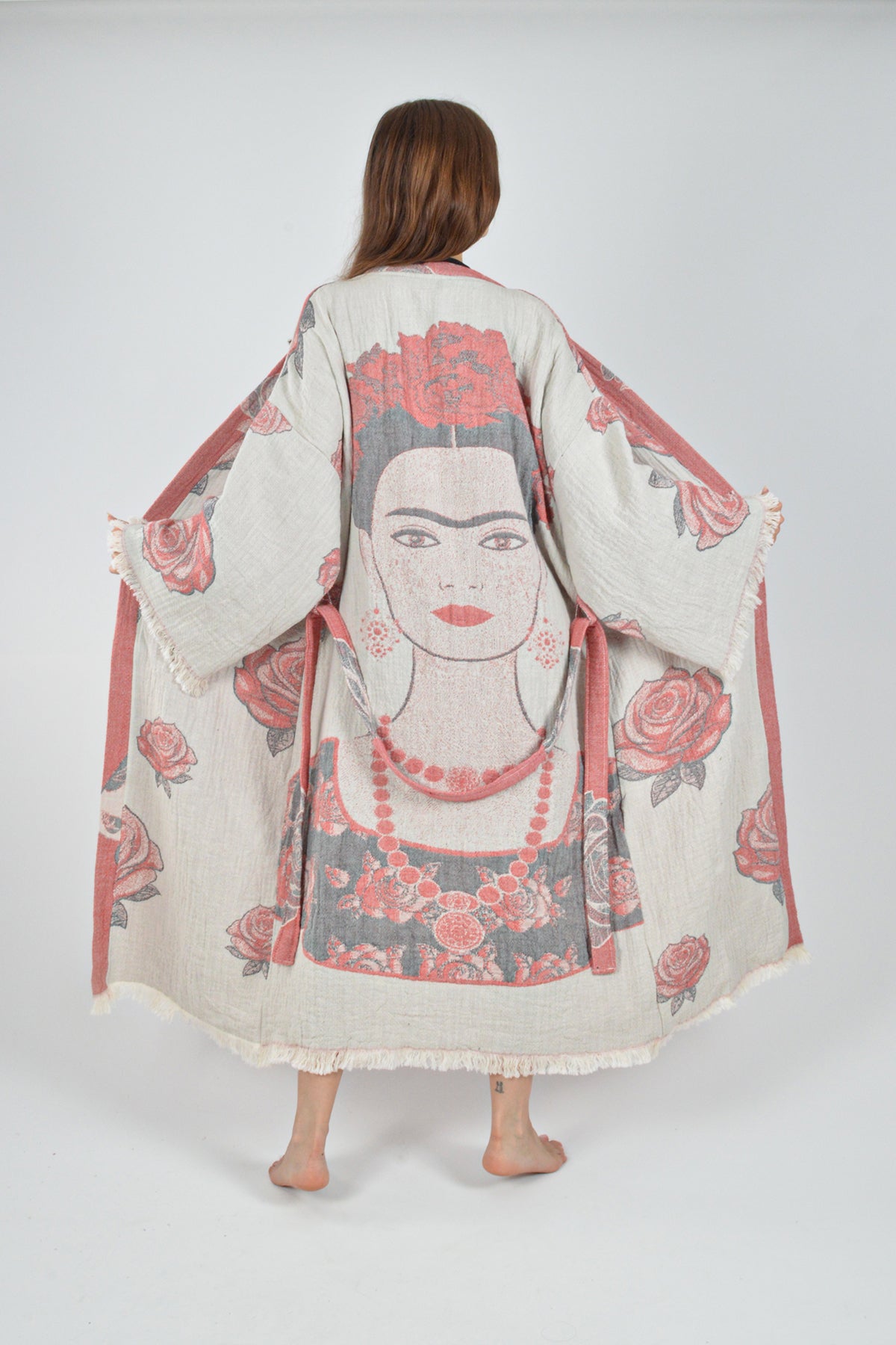 Müslin Frida Kahlo Jakardan Desenli Bohem Kimono Kaftan