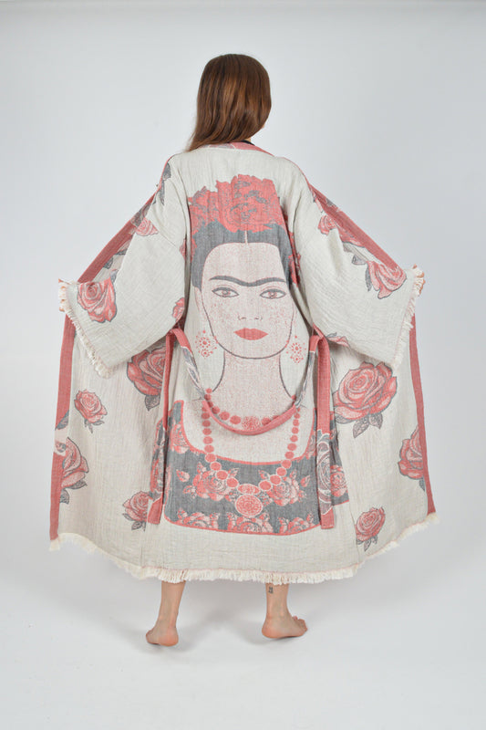Müslin Frida Kahlo Jakardan Desenli Bohem Kimono Kaftan
