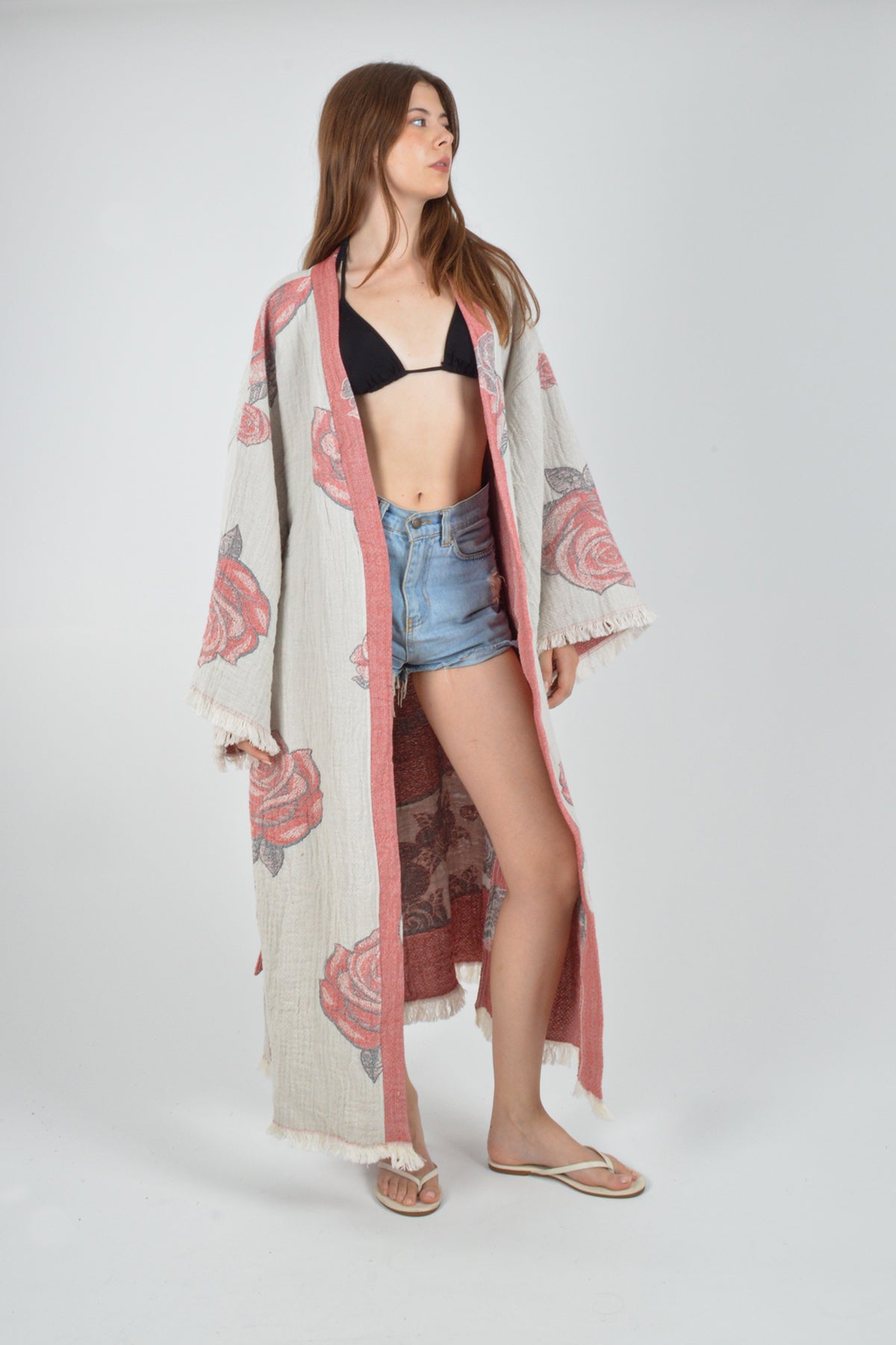 Müslin Frida Kahlo Jakardan Desenli Bohem Kimono Kaftan