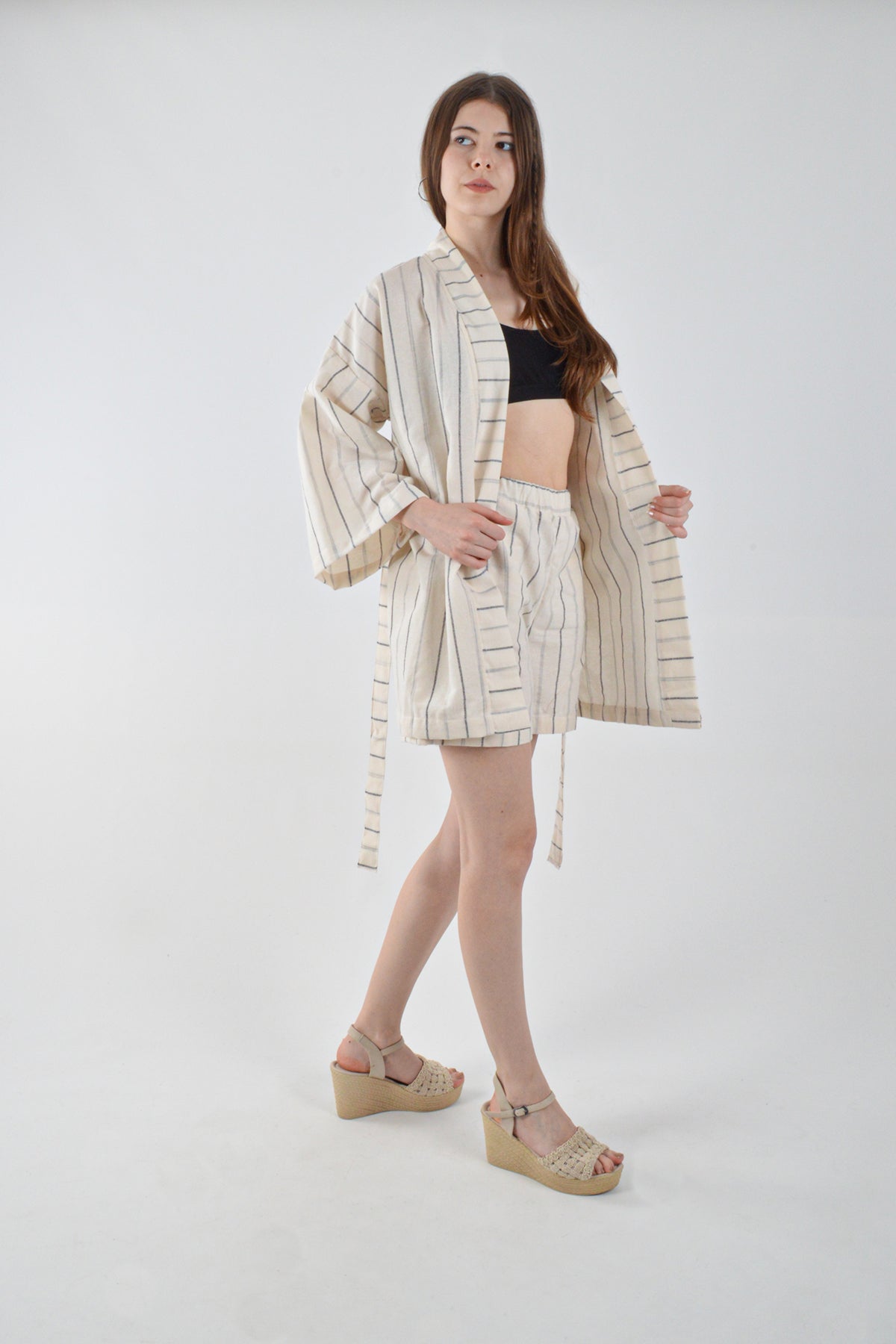 Takım Kimono Şort İnce Siyah Çizgili Alt-Üst Takım Plaj/Günlük Giyim