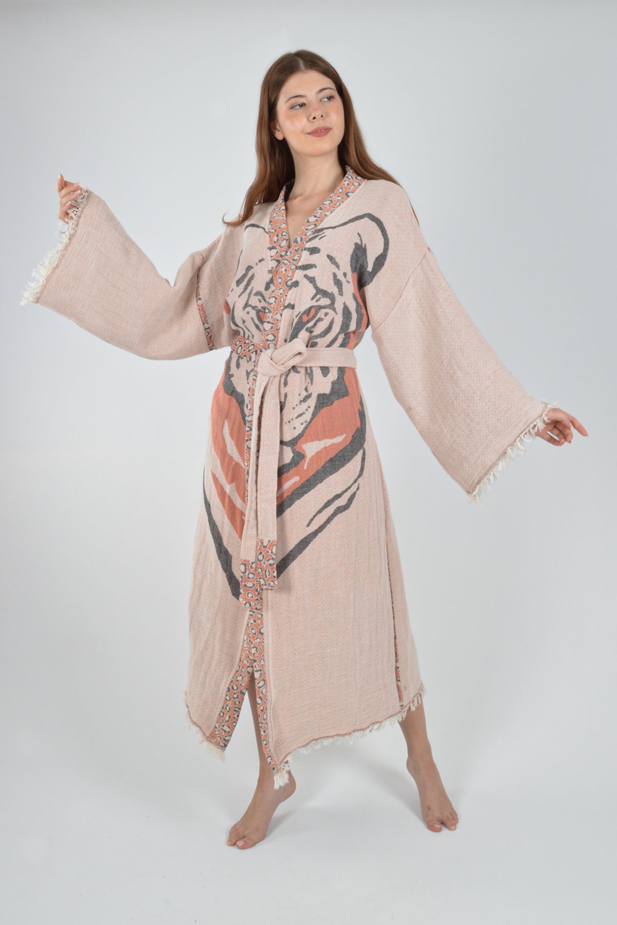 Müslin Kaplan Jakardan Desenli Bohem Kimono Kaftan
