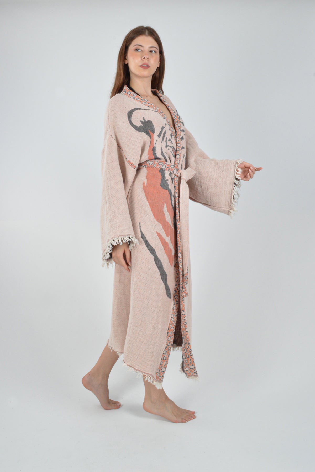 Müslin Kaplan Jakardan Desenli Bohem Kimono Kaftan