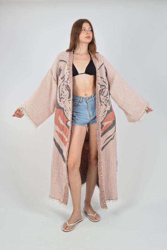 Müslin Kaplan Jakardan Desenli Bohem Kimono Kaftan