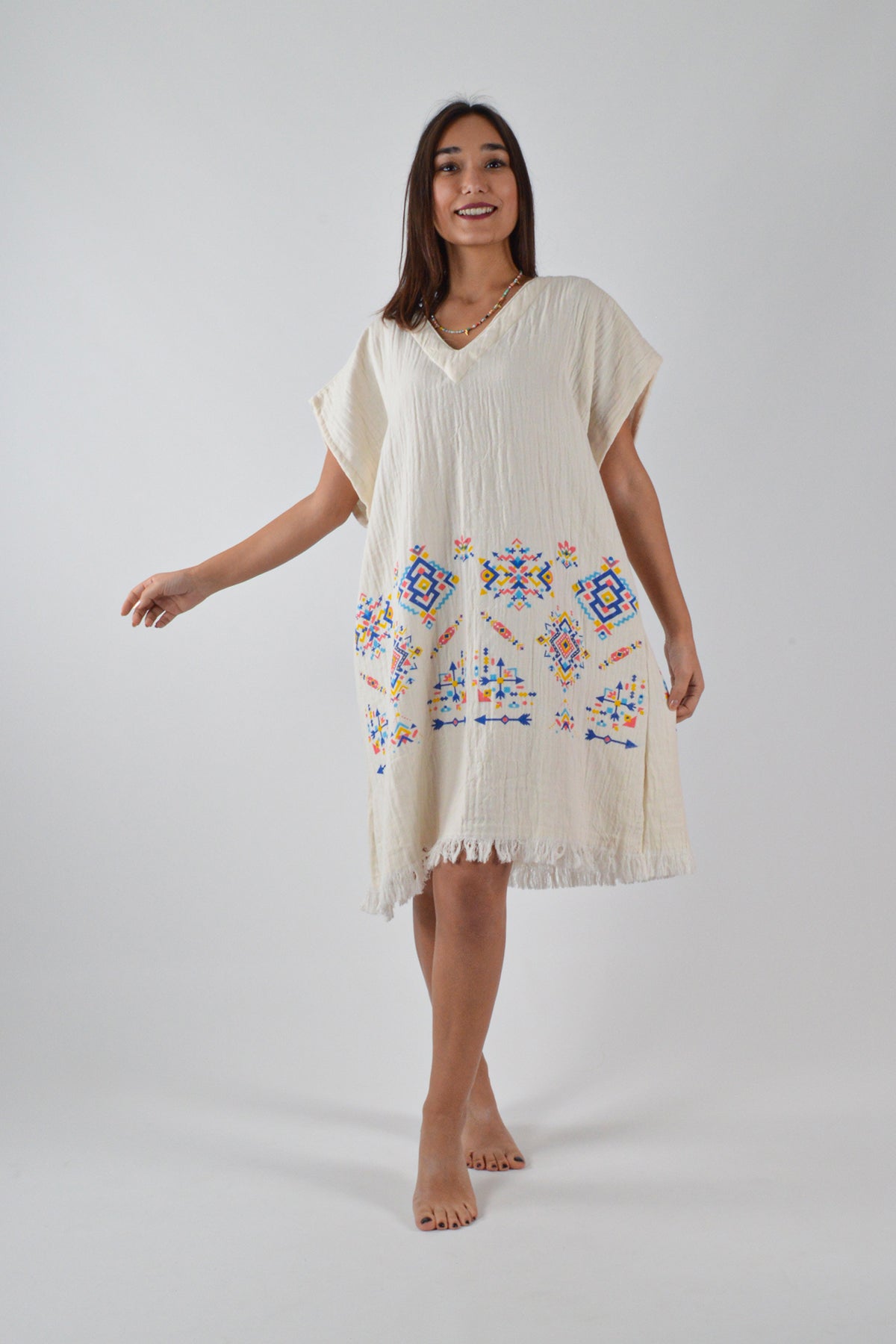 Müslin Kilim Desenli Müslin V Yaka Elbise