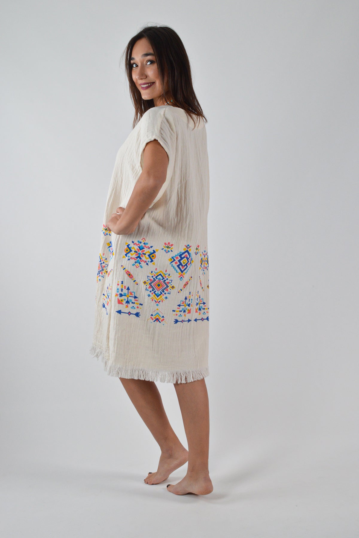 Müslin Kilim Desenli Müslin V Yaka Elbise