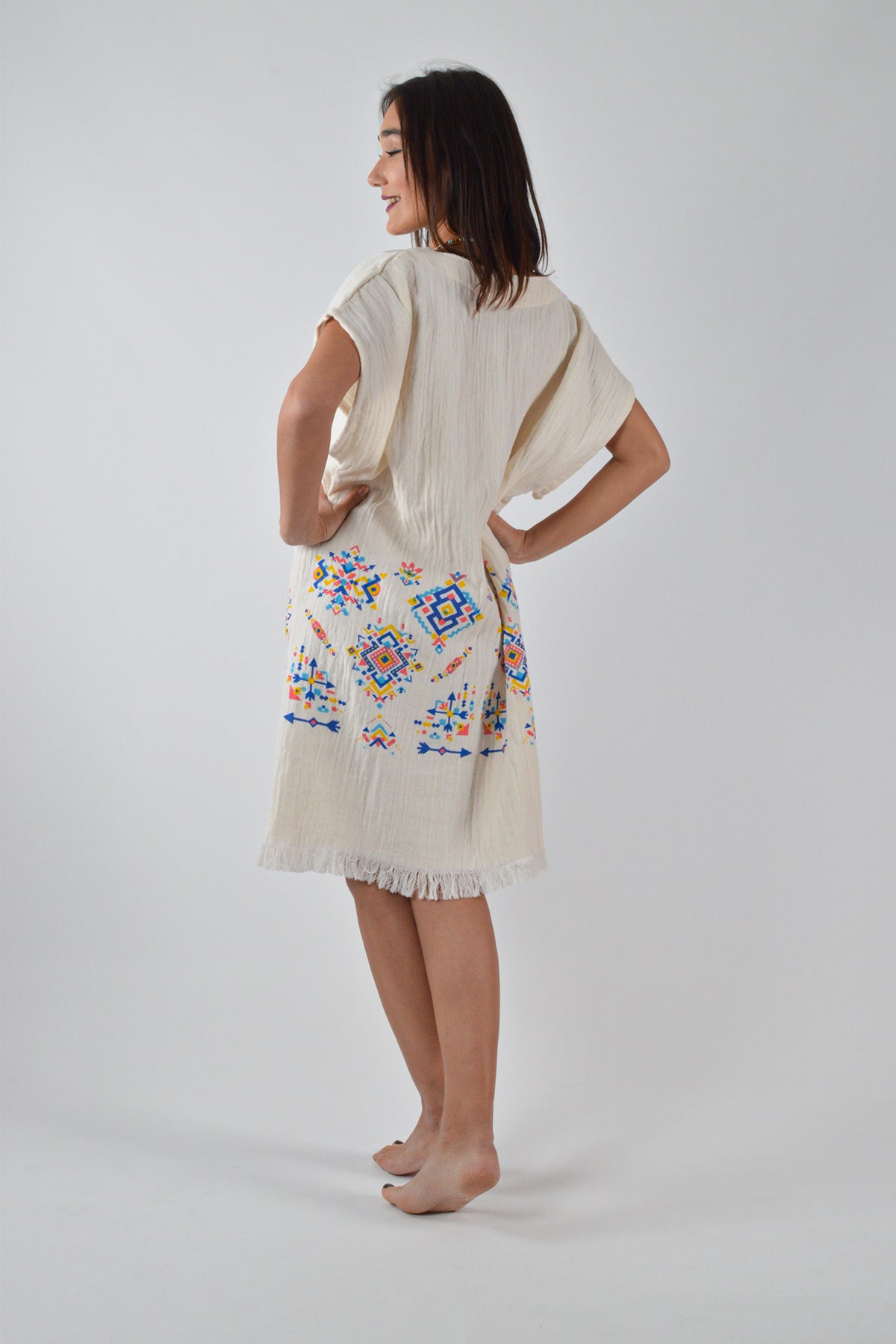 Müslin Kilim Desenli Müslin V Yaka Elbise