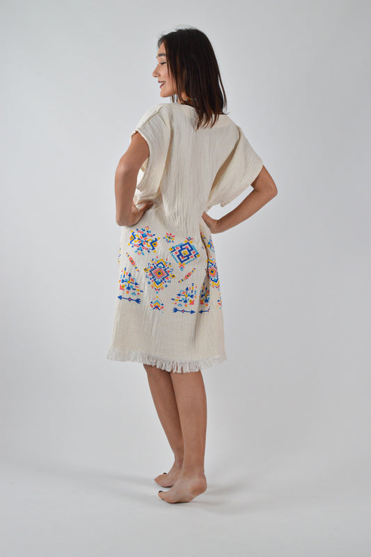 Müslin Kilim Desenli Müslin V Yaka Elbise