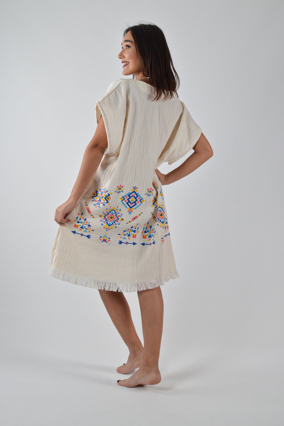 Müslin Kilim Desenli Müslin V Yaka Elbise