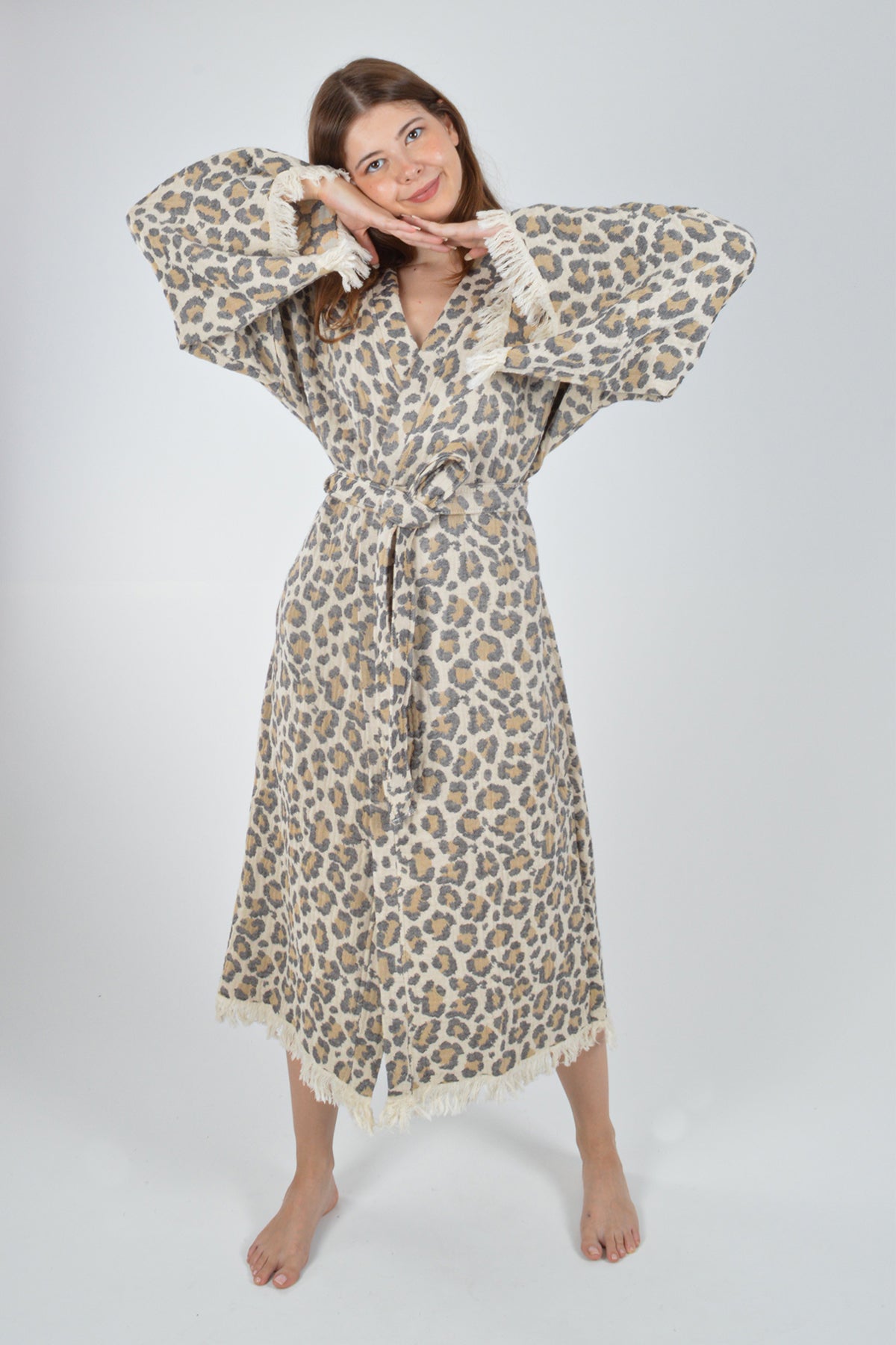 Müslin Leopar Jakardan Desenli Bohem Kimono Kaftan