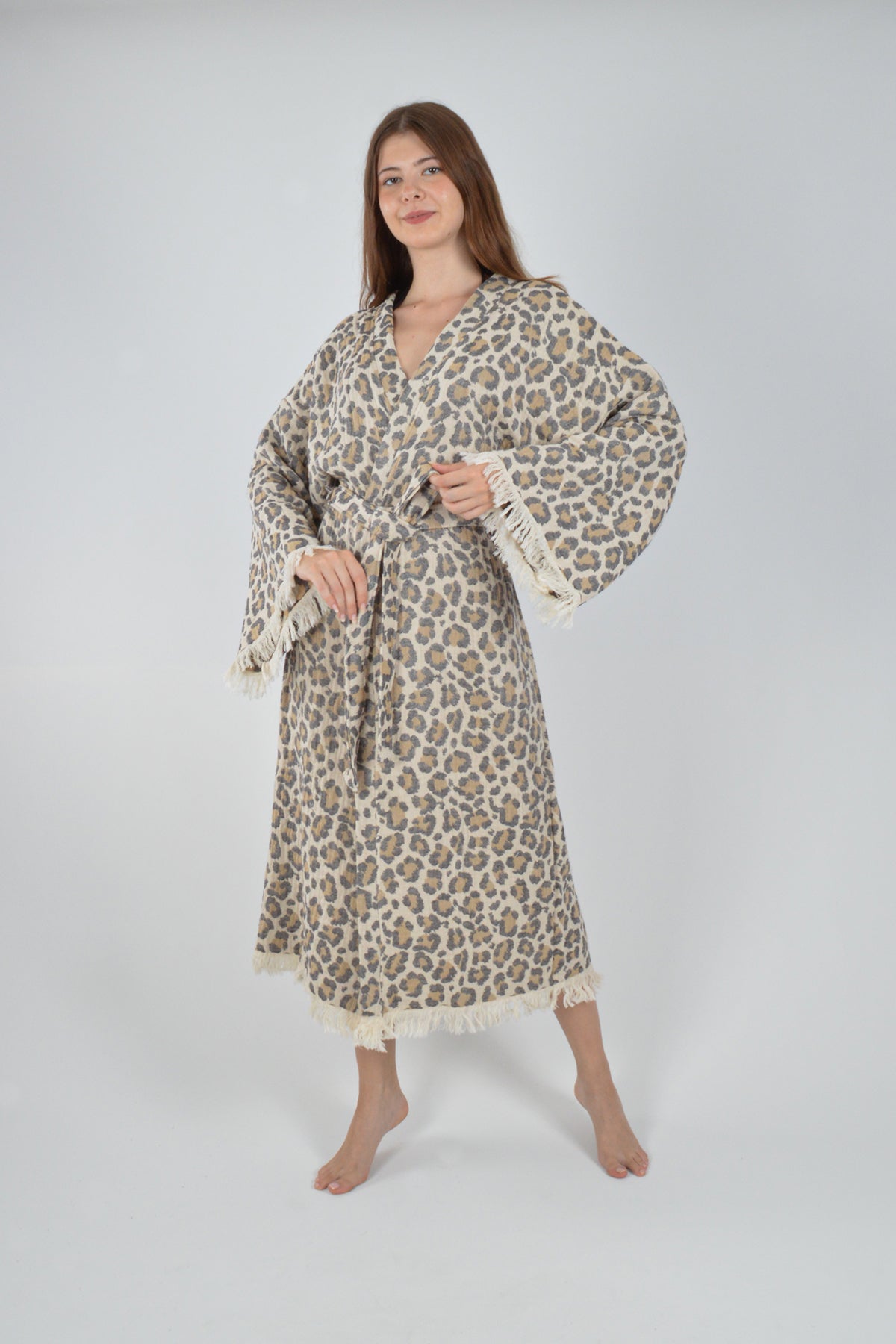 Müslin Leopar Jakardan Desenli Bohem Kimono Kaftan