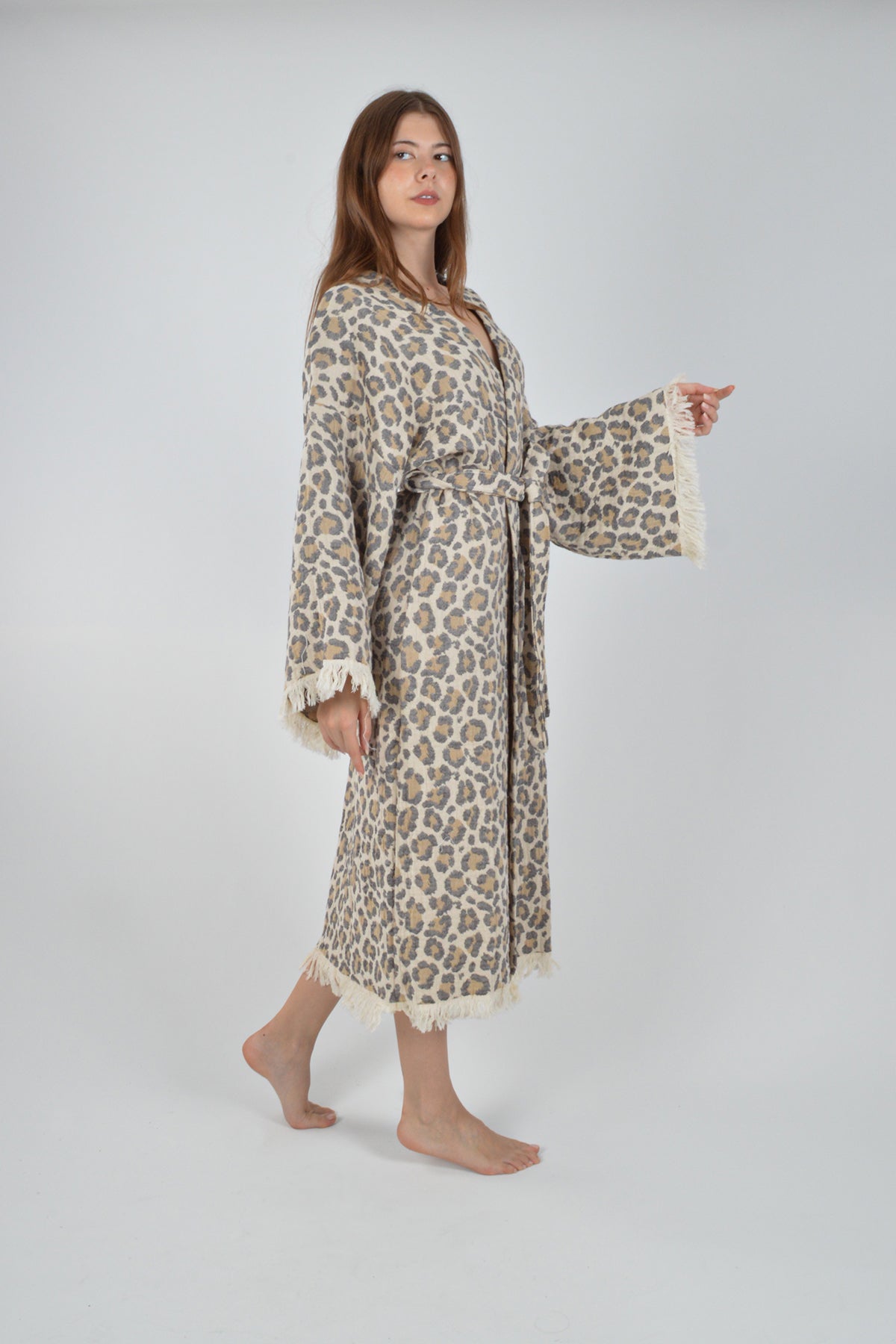 Müslin Leopar Jakardan Desenli Bohem Kimono Kaftan