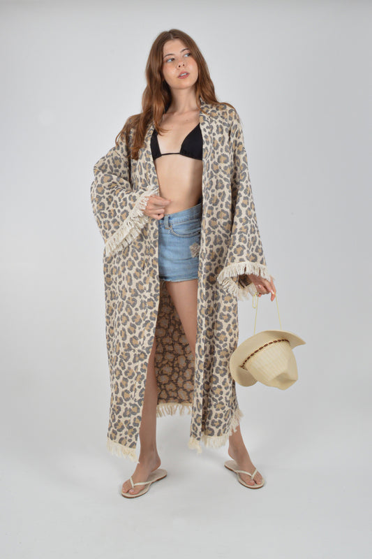 Müslin Leopar Jakardan Desenli Bohem Kimono Kaftan