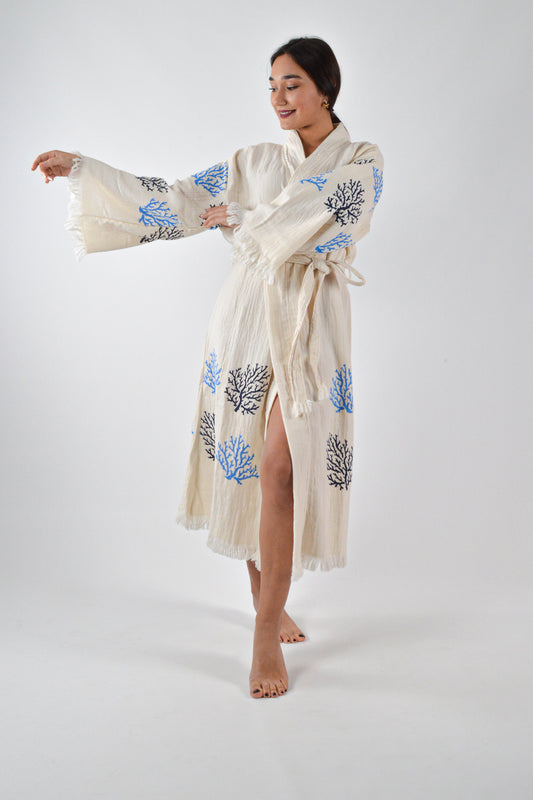 Müslin Mavi Mercan Desenli Kimono Kaftan