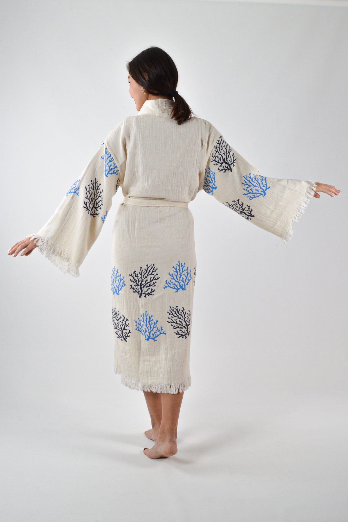 Müslin Mavi Mercan Desenli Kimono Kaftan