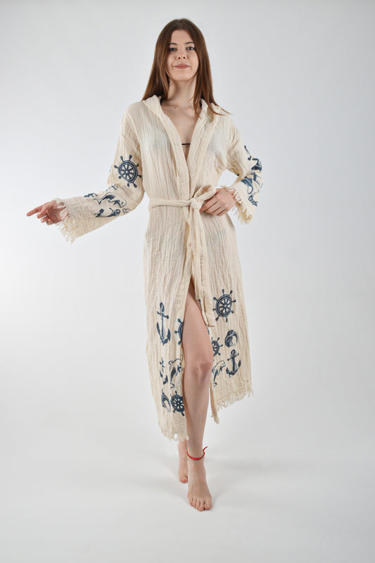 Müslin Çapa Desenli Kapüşonlu Bornoz - Reina Textile