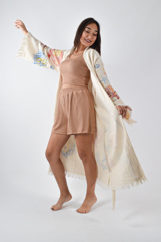 Müslin Karışık Mercan Desenli Kimono Kaftan - Reina Textile
