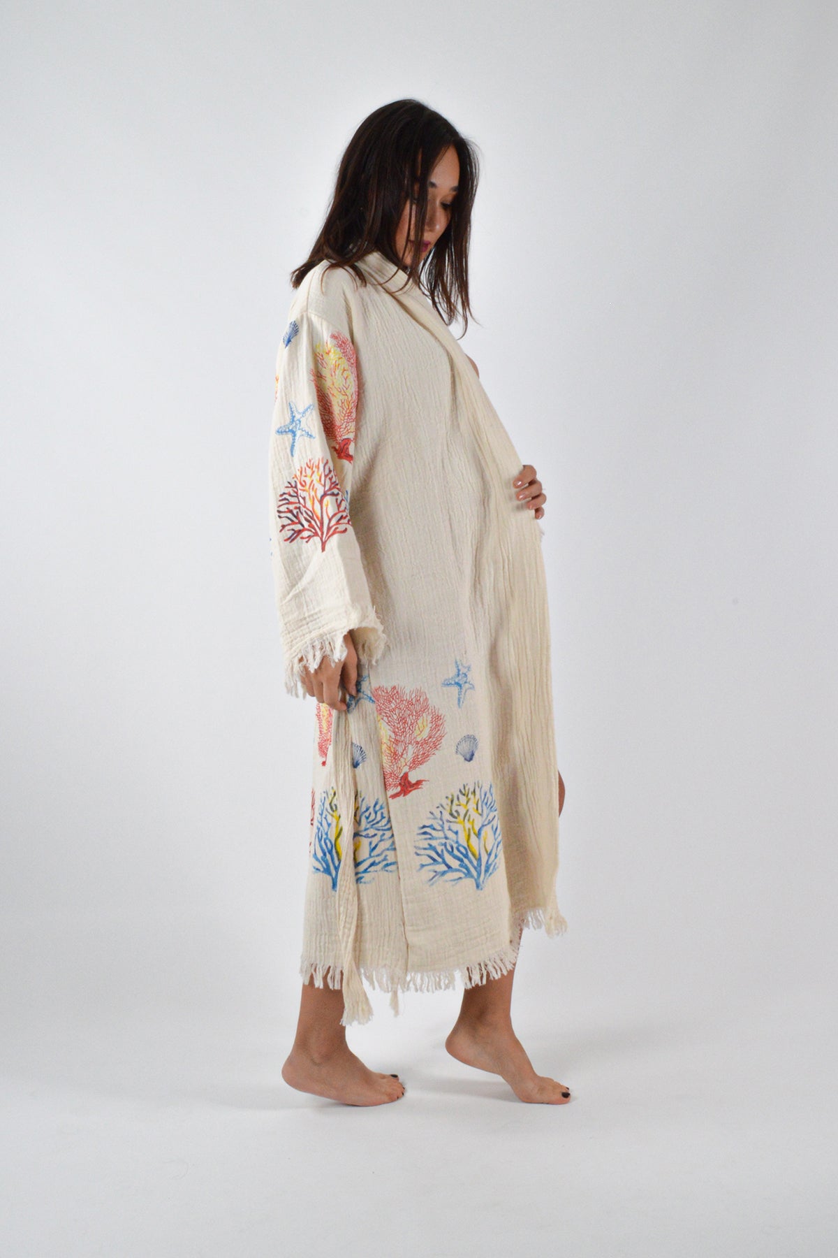 Müslin Karışık Mercan Desenli Kimono Kaftan
