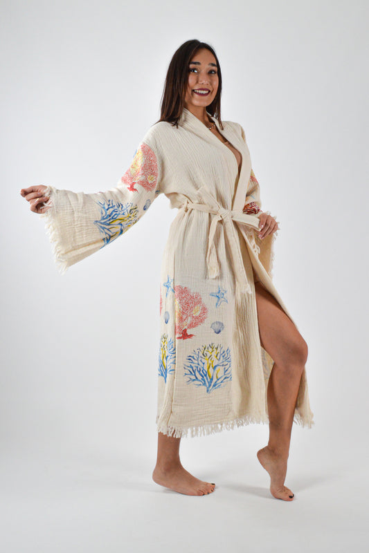 Müslin Karışık Mercan Desenli Kimono Kaftan