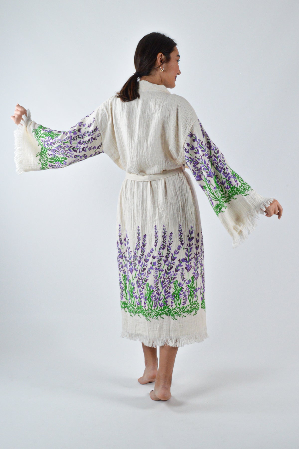 Müslin Lavanta Desenli Kimono Kaftan
