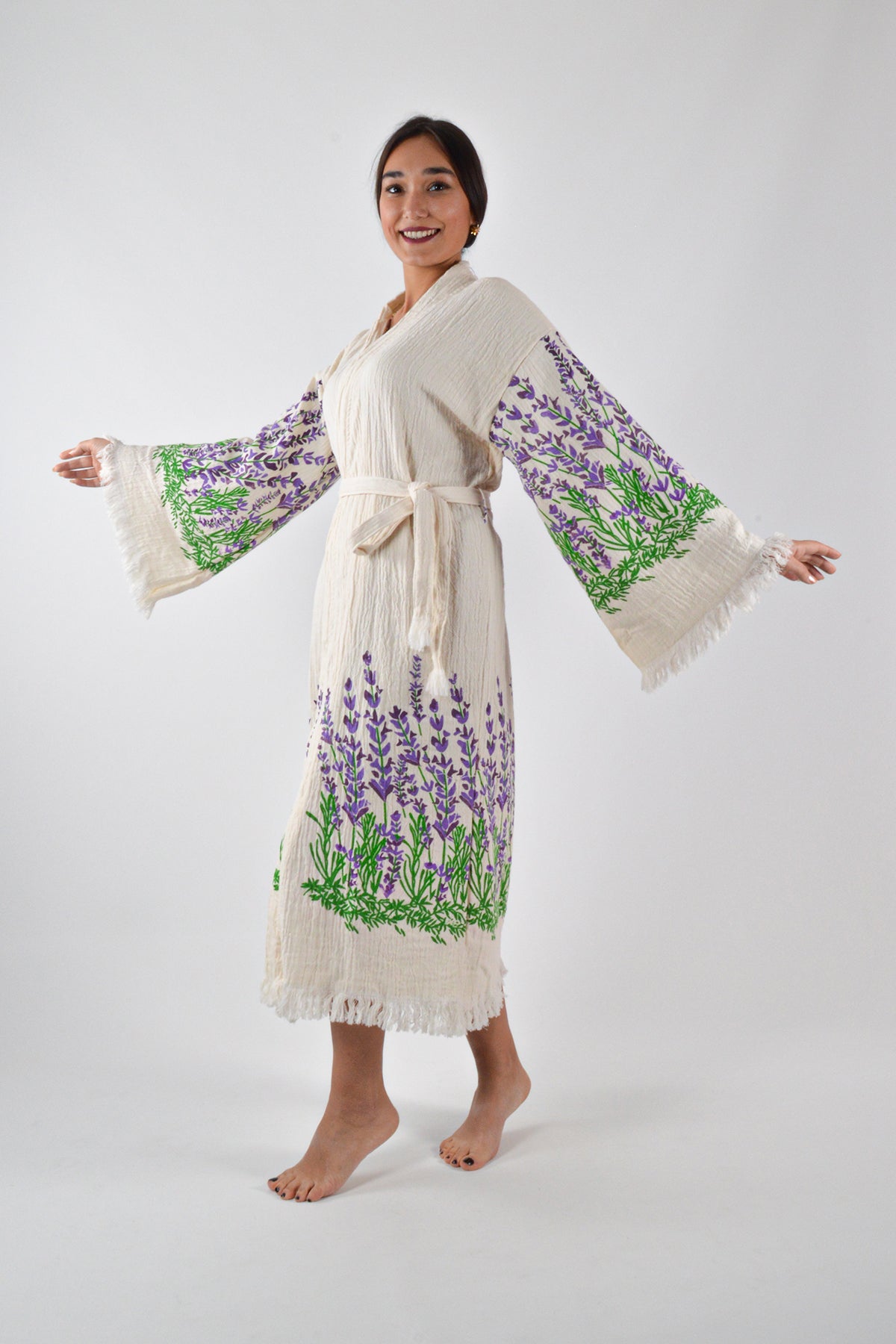 Müslin Lavanta Desenli Kimono Kaftan