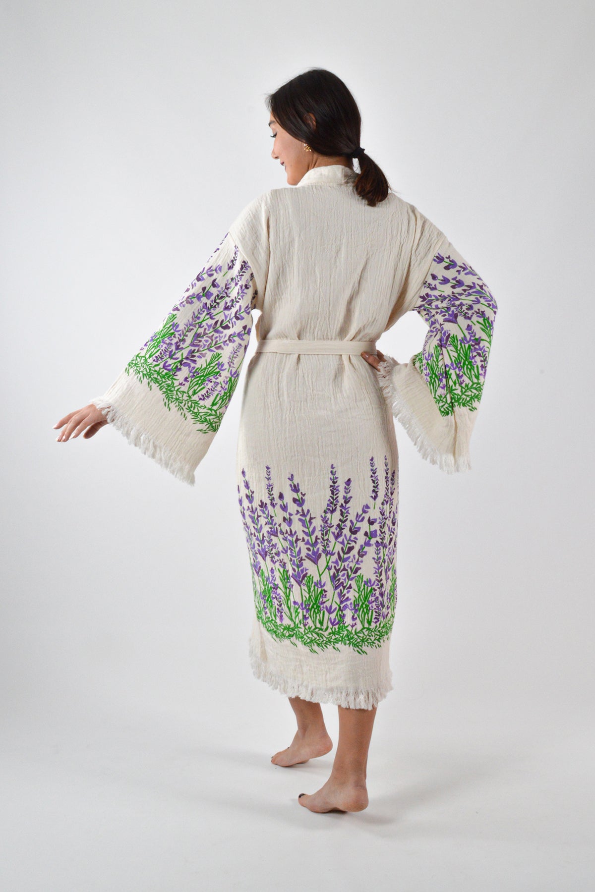 Müslin Lavanta Desenli Kimono Kaftan