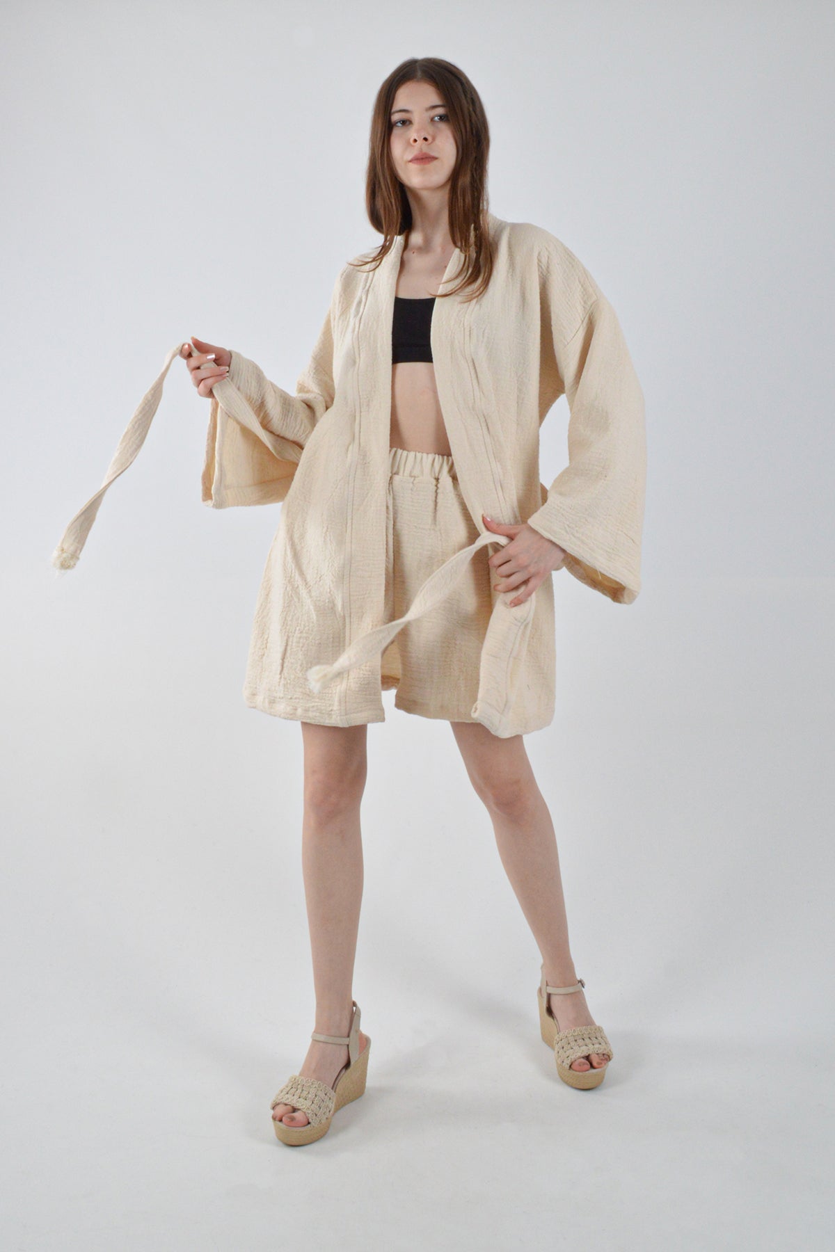 Naturel Takım Kimono Şort Müslin Alt-Üst Takım Plaj/Günlük Giyim