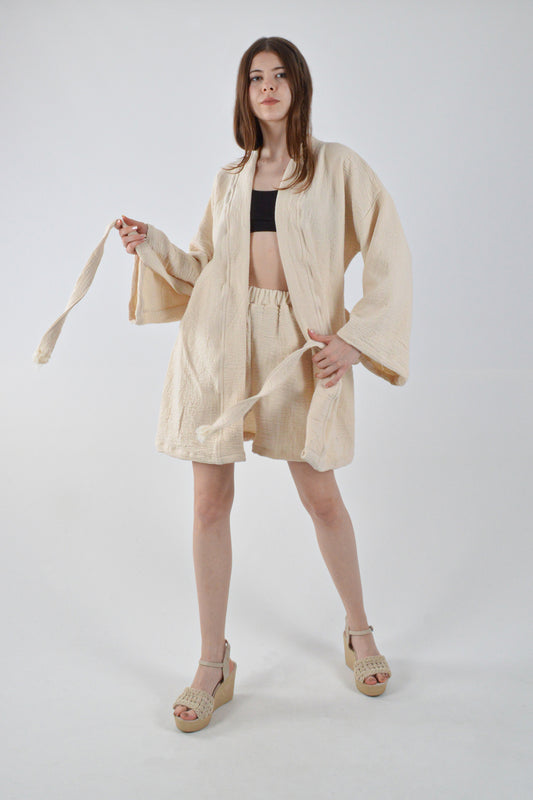 Naturel Takım Kimono Şort Müslin Alt-Üst Takım Plaj/Günlük Giyim