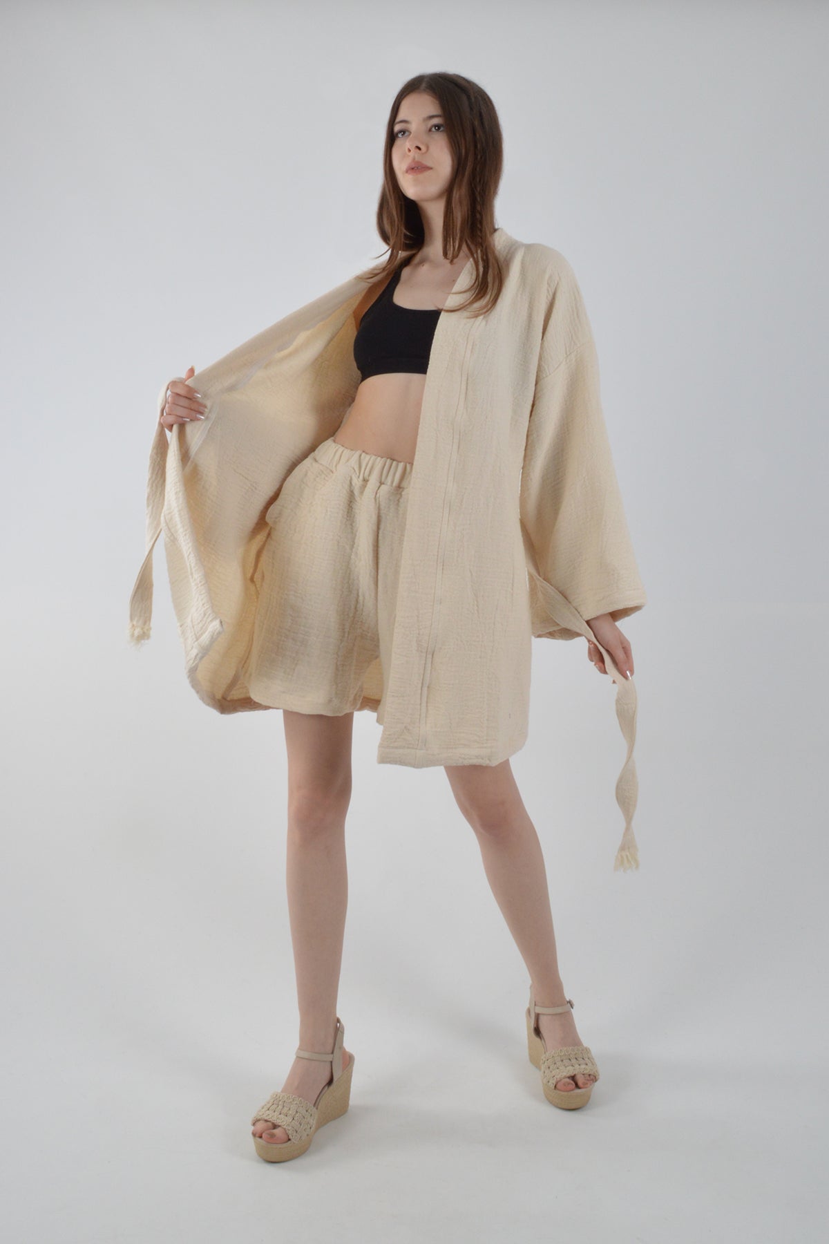 Naturel Takım Kimono Şort Müslin Alt-Üst Takım Plaj/Günlük Giyim