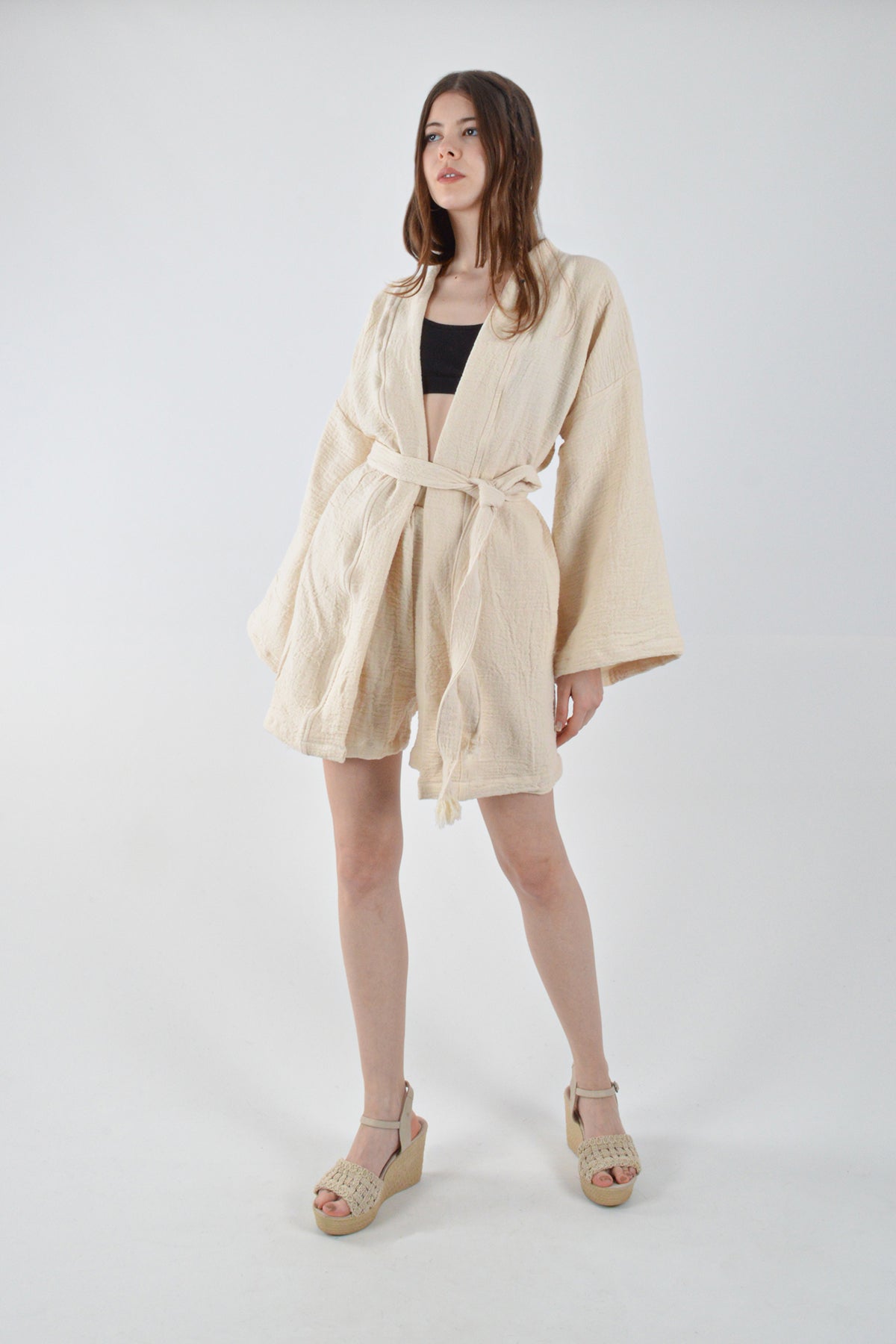 Naturel Takım Kimono Şort Müslin Alt-Üst Takım Plaj/Günlük Giyim