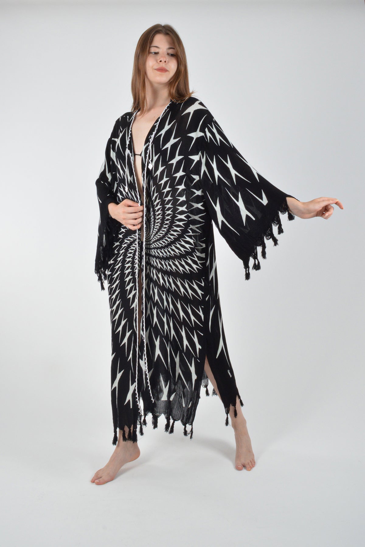 Siyah Retro Hipnoz Desenli Viskon Kimono Kaftan