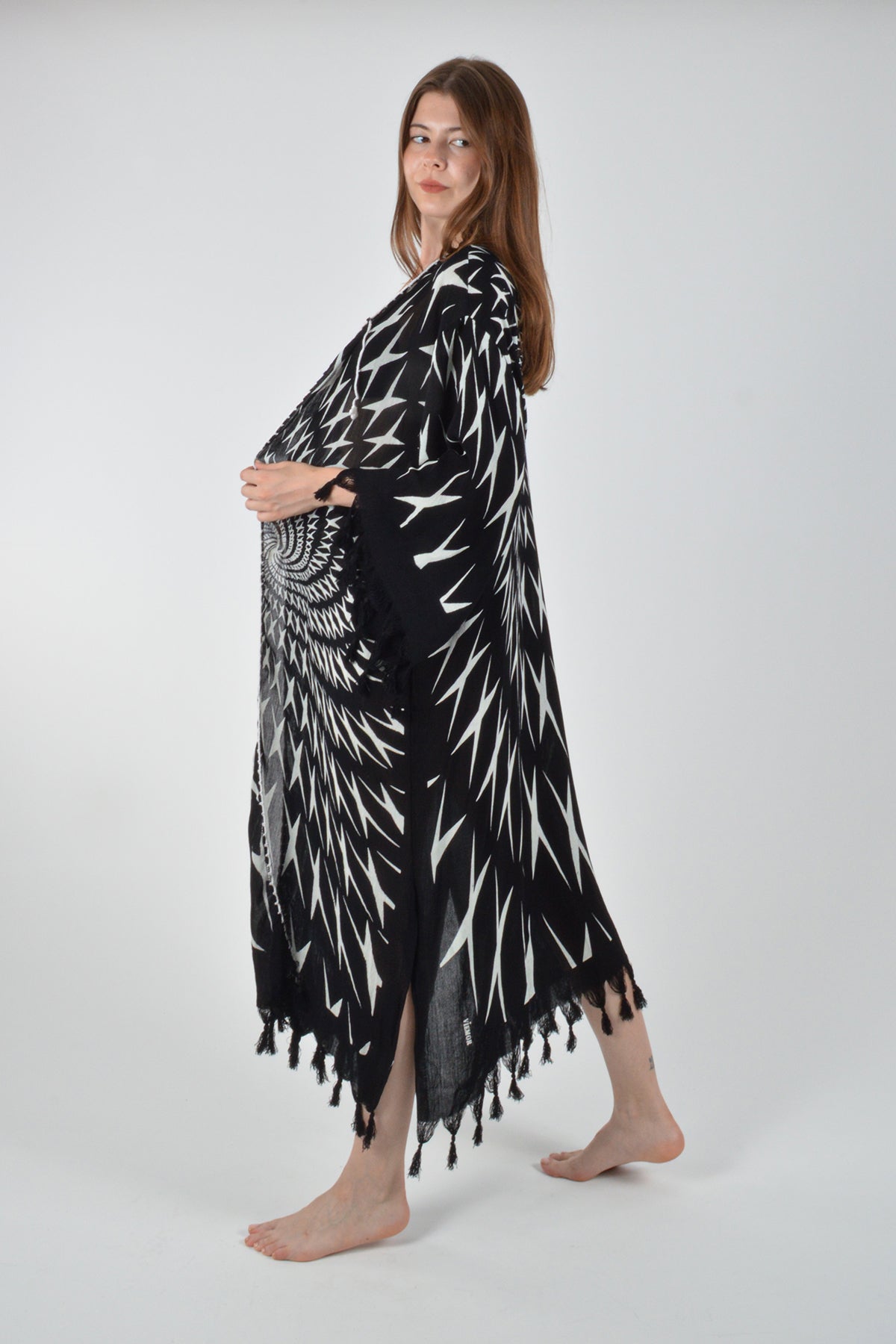 Siyah Retro Hipnoz Desenli Viskon Kimono Kaftan