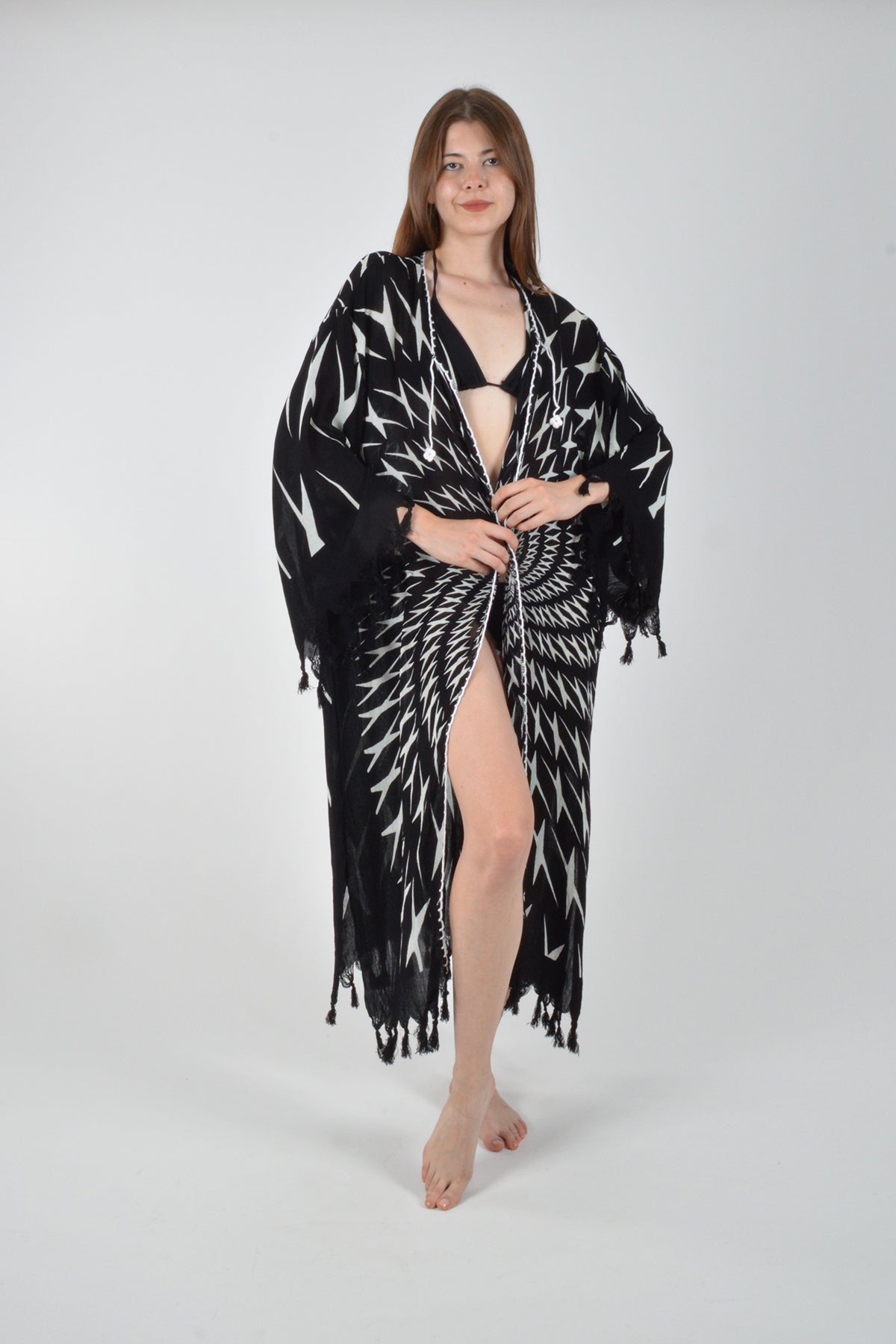 Siyah Retro Hipnoz Desenli Viskon Kimono Kaftan