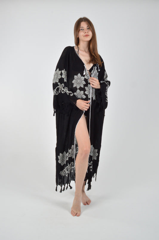 Siyah Retro Çiçek Desenli Viskon Kimono Kaftan