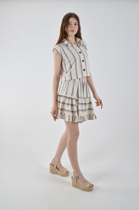 Takım Kalın Askılı Gömlek Fırfırlı Etek Kalin Siyah Çizgili Alt-Üst Takım Plaj/Günlük Giyim - Reina Textile