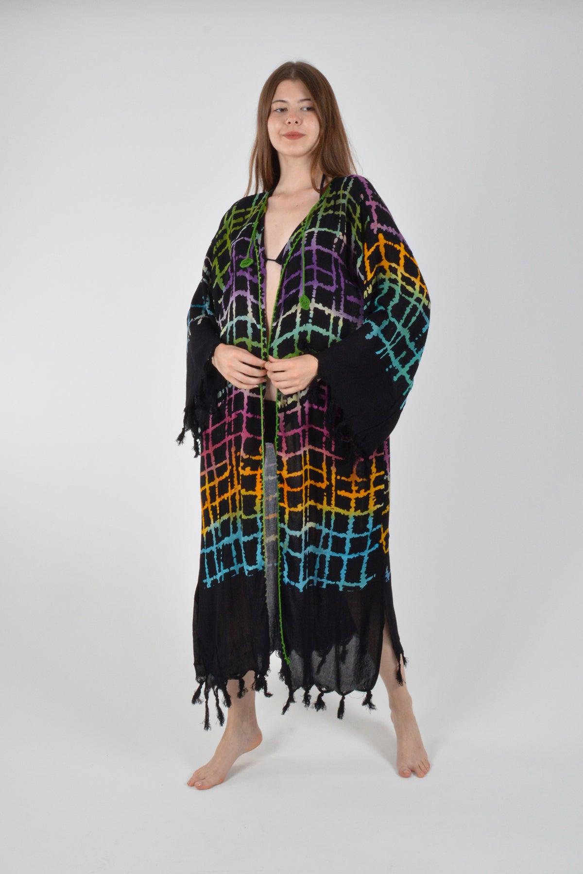 Siyah Retro Renkli Ağ Desenli Viskon Kimono Kaftan