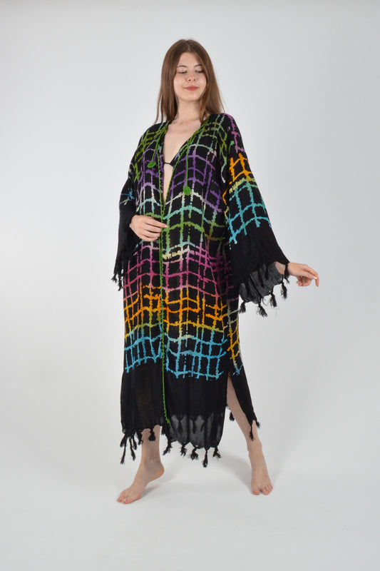 Siyah Retro Renkli Ağ Desenli Viskon Kimono Kaftan
