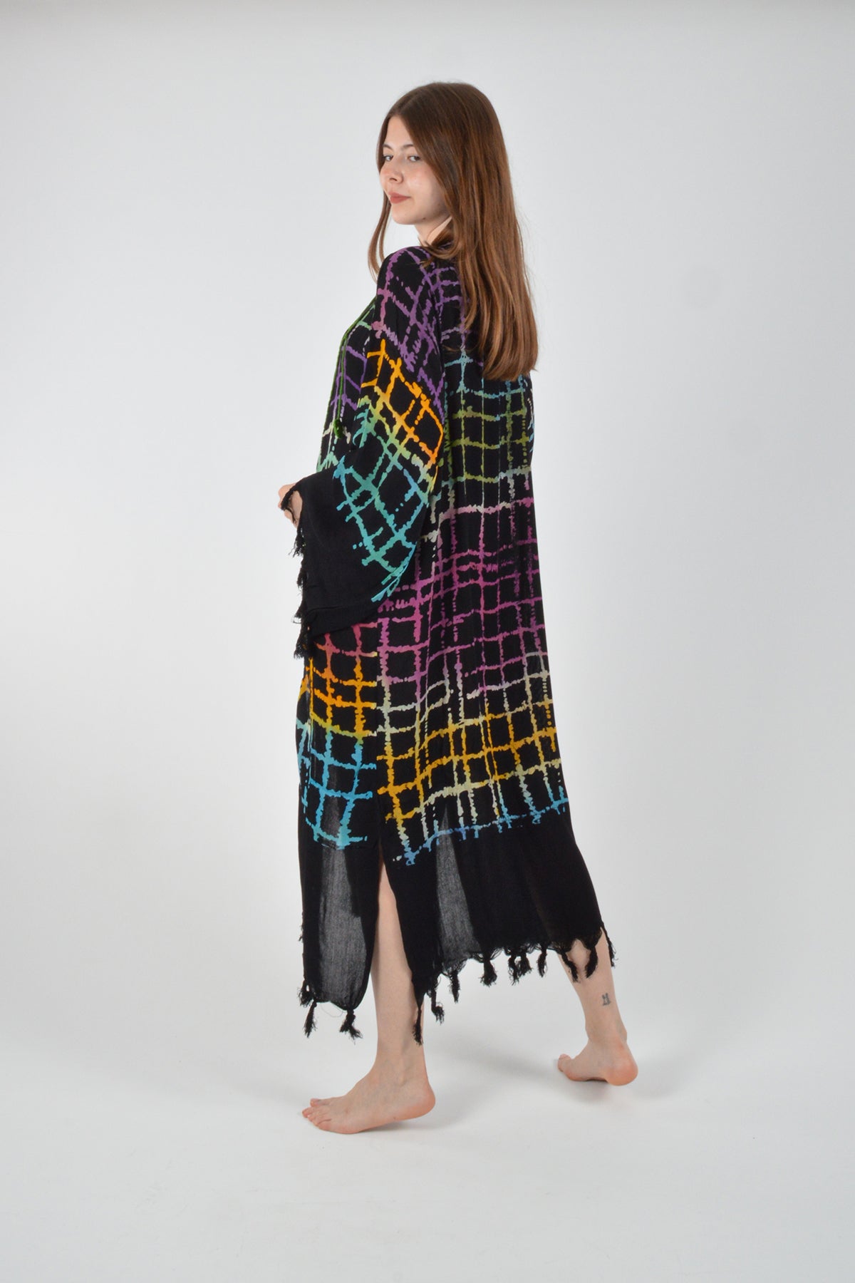 Siyah Retro Renkli Ağ Desenli Viskon Kimono Kaftan