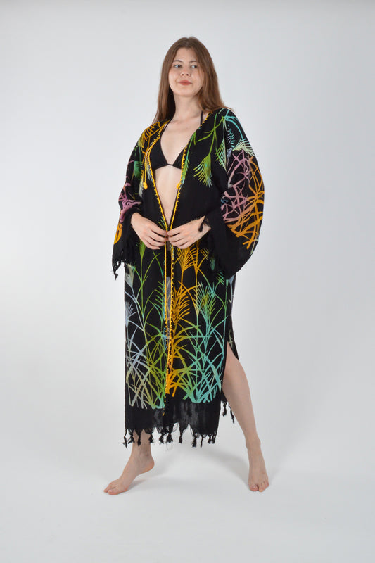 Siyah Retro Renkli  Yaprak Desenli Viskon Kimono Kaftan