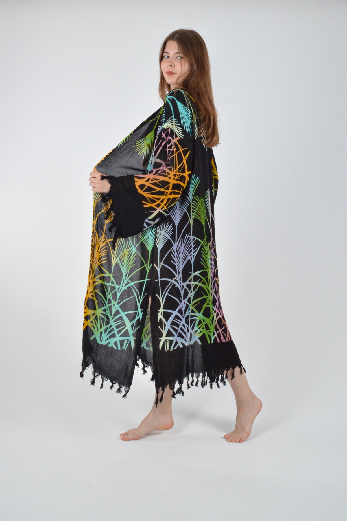 Siyah Retro Renkli  Yaprak Desenli Viskon Kimono Kaftan