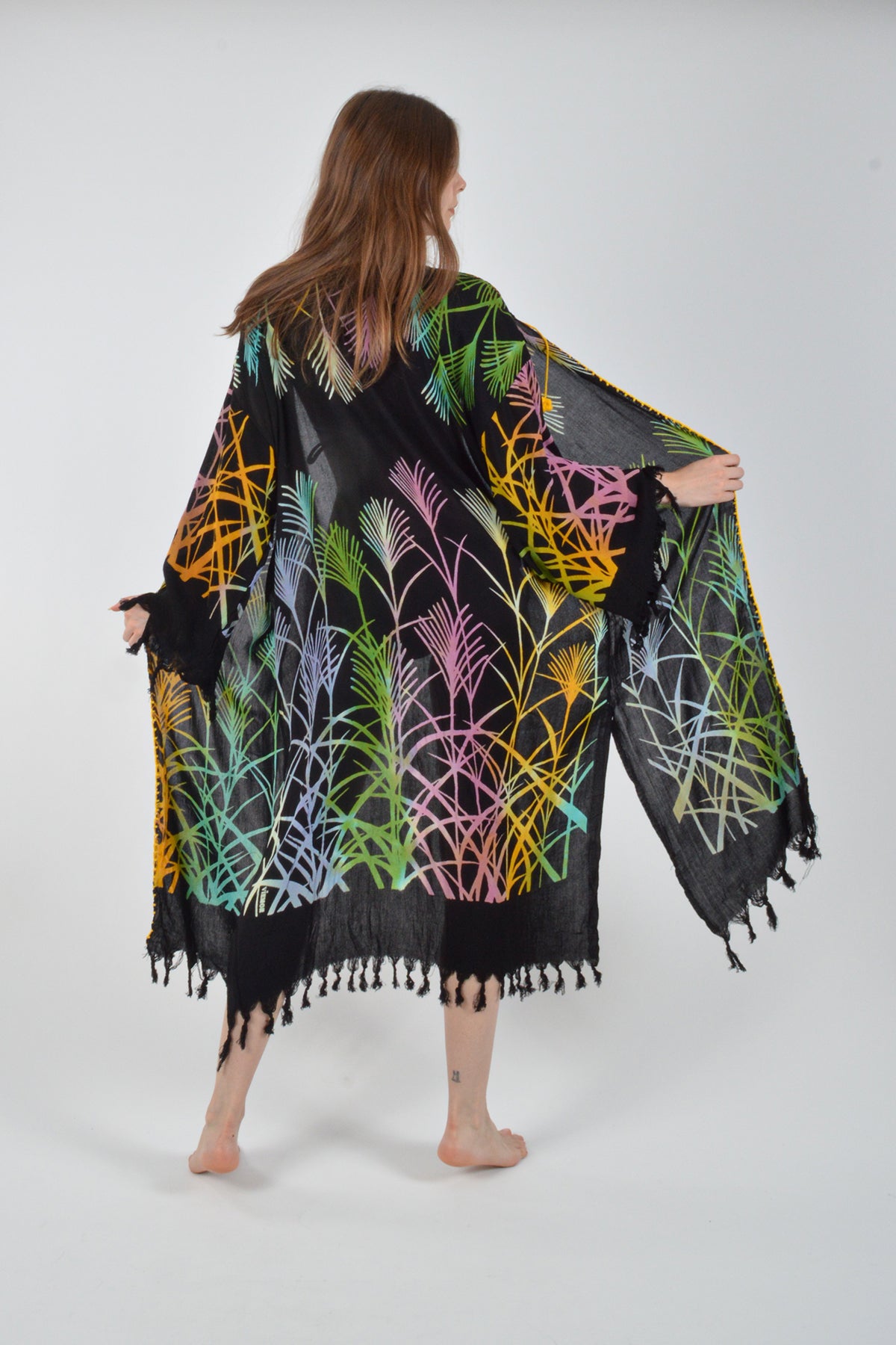 Siyah Retro Renkli  Yaprak Desenli Viskon Kimono Kaftan
