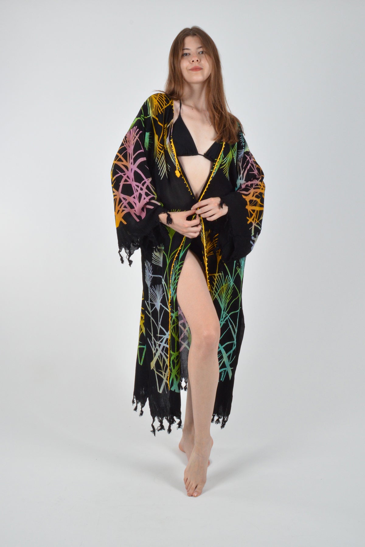 Siyah Retro Renkli  Yaprak Desenli Viskon Kimono Kaftan